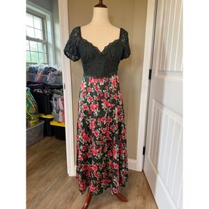 Altar'd State Green Floral Lace Maxi Dress Puff Sleeve Rose Print Small